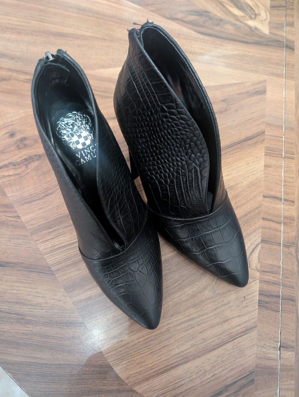 Vince Camuto Croc Bootie Womens 6.5 M Black Chunky Heel Boot Steevera Back Zip